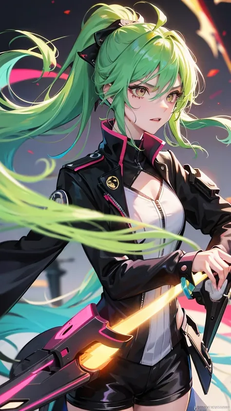 1 girl, anime, futuristic setting, tall, elegant tuxedo, neon green hair, pink streaks in hair, orange eyes, muscular, sleeves rolled up, messy hair, ponytail, beauty marks, moles, sharp teeth, shark tail, smirk