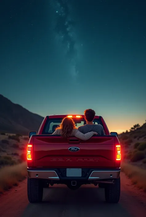 Create an image of a couple in a red pickup truck lying in the back with the truck&#39;s hood open looking up at the stars