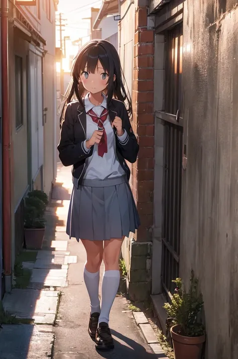 girl in school uniform petting a grey cat, alleyway, sunset, 50mm lens