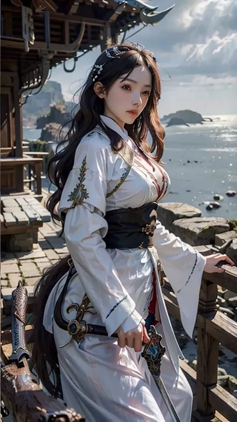 On the mountain coast,A beautiful dragon girl,long hair shawl,Big breasts,Wearing Immortal Clothes,Sword,Perform sword dance alone
