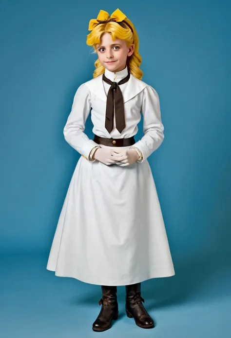 Lisa Simpson as an 8yo girl wearing her Victorian white school uniform. Year 1895. 1890_dress. High-collar long sleeve shirtwaist, ribbon tie, cloak, gloves, knee-high skirt, petticoats, stockings and boots. Long blonde hair.