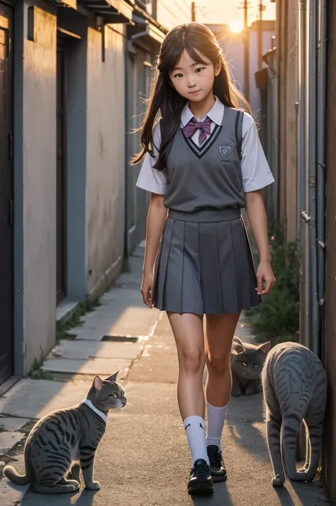 girl in school uniform petting a grey cat, alleyway, sunset, 50mm lens