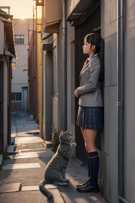 girl in school uniform petting a grey cat, alleyway, sunset, 50mm lens