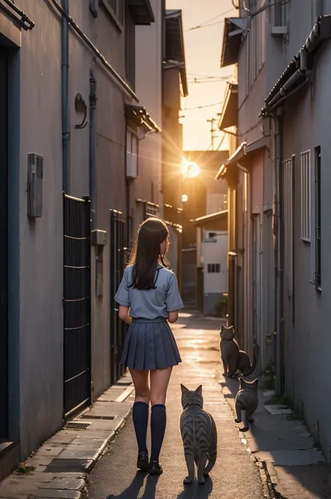 girl in school uniform petting a grey cat, alleyway, sunset, 50mm lens