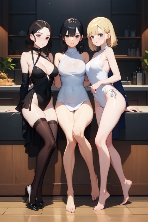 ((Whole body)),(masterpiece, Best Quality), three girls holding each other&#39;s waist,swimsuit, big breasts, Blonde hair,redhead, by albino, Whole body, ((views))