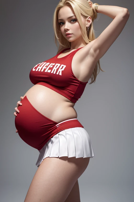 8k, masterpiece, very realistic, Full body Sexy pregnant cheerleader, very slim waist, slim thighs, pleated red mini skirt, white crop top, blonde hair, medium breasts, pregnant, curved back, 