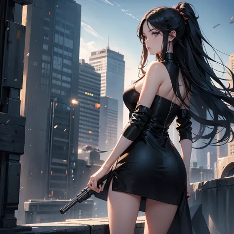 a beautiful woman with long black hair, wearing a tight blue dress, standing holding a pistol, aiming the barrel at the bad guys, on a tall building, the sun is setting, close up.