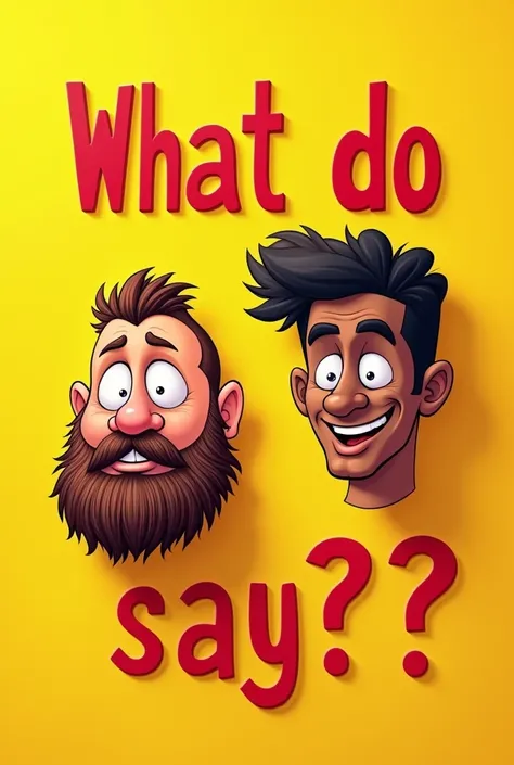 Create a yellow background flayer where a black text appears that says What do you say?? And only the disembodied face of a fat guy with a beard and a skinny, beardless, dark-skinned guy in a 2D cartoon style with the school style of nothing comes out.