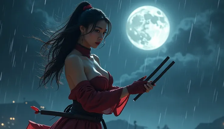 beautiful japanese woman with big breasts in a revealing short ninja costume, night, big moon, moonlight, strong wind, raindrops, nunchaku in hands, preparing to strike, fighting pose, confident look