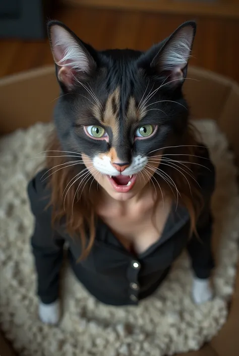 A  shocked 18 year old Russian girl wearing a realistic cat costume  standing in a cat box with white gravel shot from above as she looks at the camera. Big breasts. Wearing cat makeup . Fangs