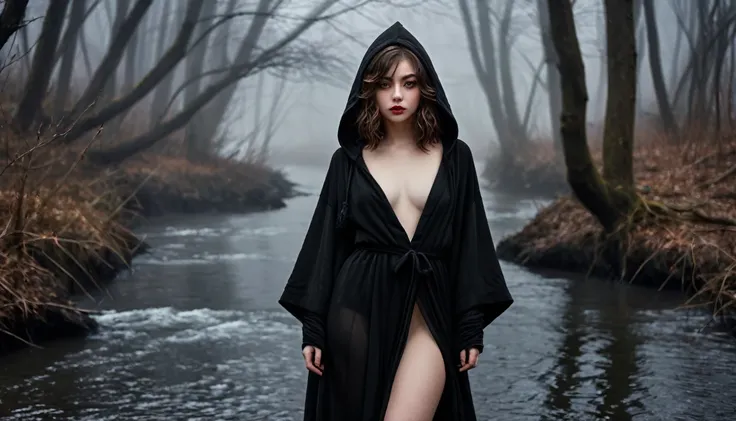 ((masterpiece, Fantasy,Only the left eye is closed,Black paint on eyelids and cheeks, Beautiful girl, Black hooded heavy robe, Wizard,winter)), Brown hair with wavy ends,short hair,Pale skin,Heavy Robe,assassin, Robe over grey clothes, forest, Small River,...