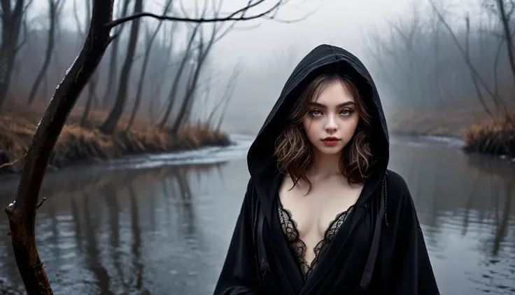 ((masterpiece, Fantasy,Only the left eye is closed,Black paint on eyelids and cheeks, Beautiful girl, Black hooded heavy robe, Wizard,winter)), Brown hair with wavy ends,short hair,Pale skin,Heavy Robe,assassin, Robe over grey clothes, forest, Small River,...