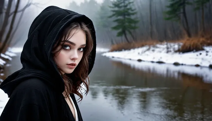 ((masterpiece, Fantasy,Only the left eye is closed,Black paint on eyelids and cheeks, Beautiful girl, Black hooded heavy robe, Wizard,winter)), Brown hair with wavy ends,short hair,Pale skin,Heavy Robe,assassin, Robe over grey clothes, forest, Small River,...