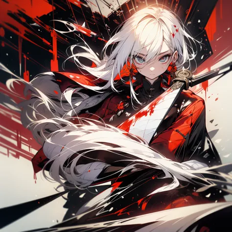 Create a woman with white hair and a kusarigama in her hands with a coat covered in blood.