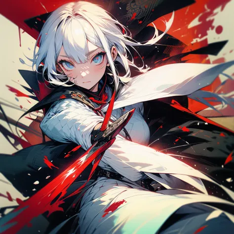 Create a woman with white hair and a kusarigama in her hands with a coat covered in blood.