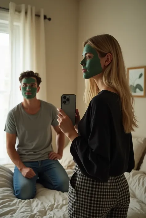 high qualiy, 8k Ultra HD, A beautiful blonde woman takes a photo in front of the mirror with an iPhone, wearing a loose black top and plaid pants, with an easy green clay mask. A beautiful white man with black hair sitting on the bed also with his face cov...