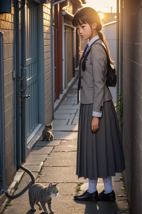 girl in school uniform petting a grey cat, alleyway, sunset, 50mm lens