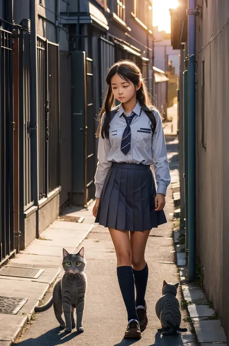 girl in school uniform petting a grey cat, alleyway, sunset, 50mm lens