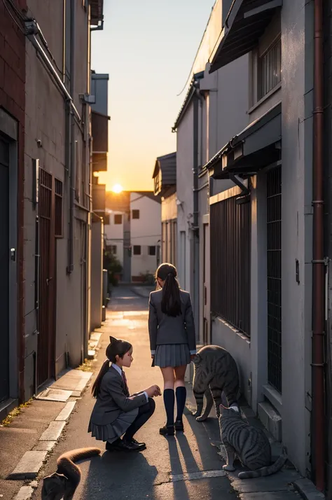 girl in school uniform petting a grey cat, alleyway, sunset, 50mm lens