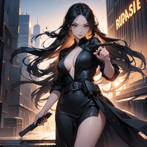 a beautiful woman with long black hair, wearing a tight black dress, standing holding a pistol, aiming the barrel at the bad guys, on a tall building, the sun is setting, close up.