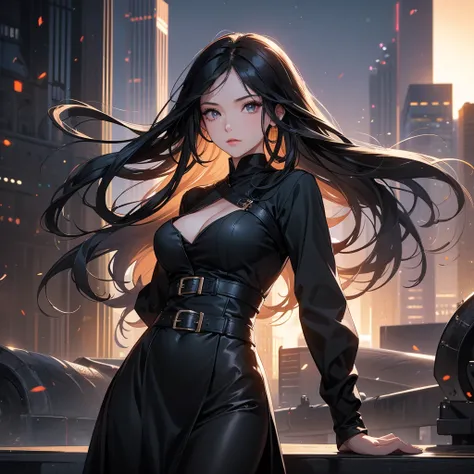 a beautiful woman with long black hair, wearing a tight black dress, standing holding a pistol, aiming the barrel at the bad guys, on a tall building, the sun is setting, close up.