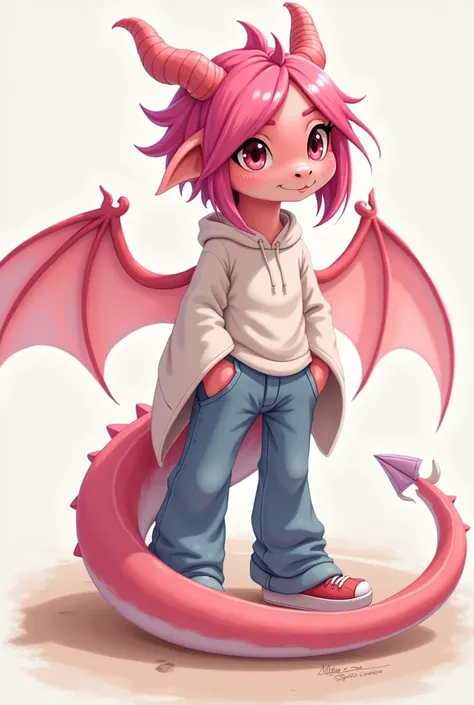 Pink haired anime dragon in casual dress