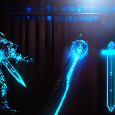 There is a picture of a man holding a sword, hold key, Holographic Blade!, [ Digital art ]!!, magic sword, glowing sword, Magical fishing rod weapon, cyberpunk))))), cyberpunk))), Use Leviathan Ax, ( ( bit flip | God of Artificial Intelligence Art ) ), The...