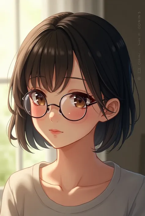 A short-haired girl wearing round glasses