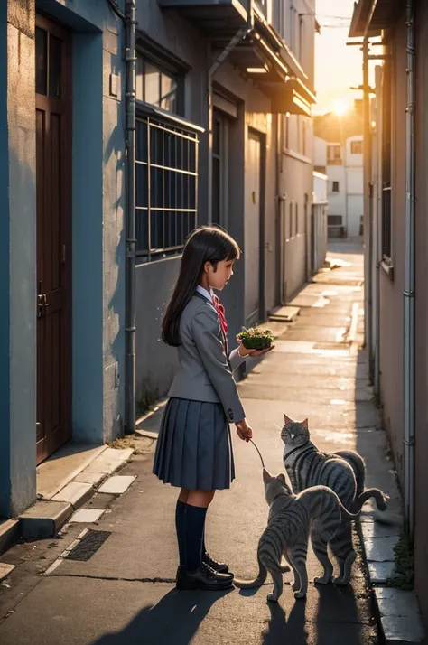 girl in school uniform feeding a grey cat, alleyway, sunset, 50mm lens