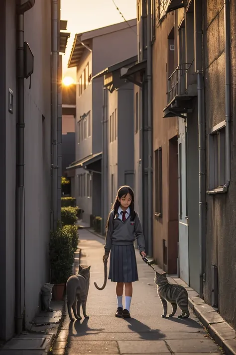 girl in school uniform feeding a grey cat, alleyway, sunset, 50mm lens