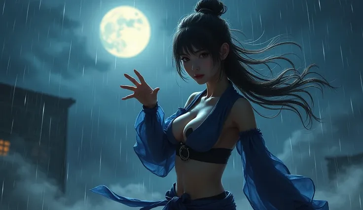 beautiful japanese woman with big breasts in a revealing short ninja costume, night, big moon, moonlight, strong wind, raindrops, preparing to strike, fighting pose, confident look