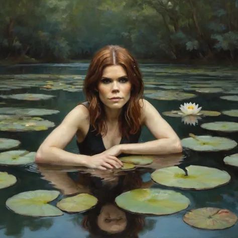 a lovely  woman (Kate Mara) in a pond with lily pads in the water, in a pond, standing in a pond, floating in a powerful zen state, nymph in the water, sitting in a reflective pool, floathing underwater in a lake, sitting at a pond, in water up to her shou...