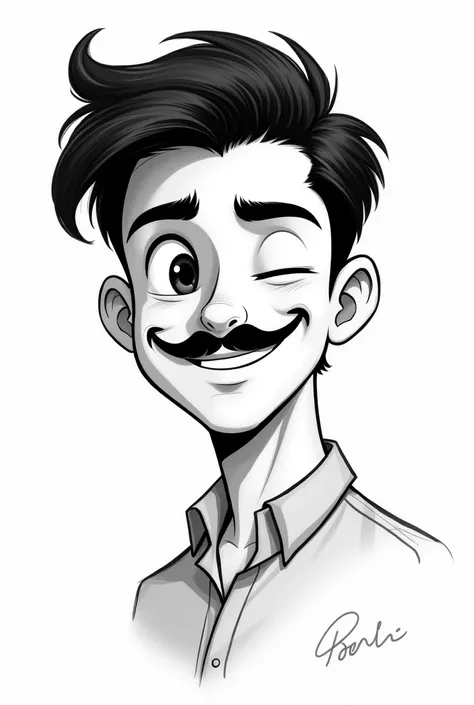 a black and white sketch of a handsome young guy smiling and winking. he should have a thin black mustache and short black hair. dont make it too cartoony though. 