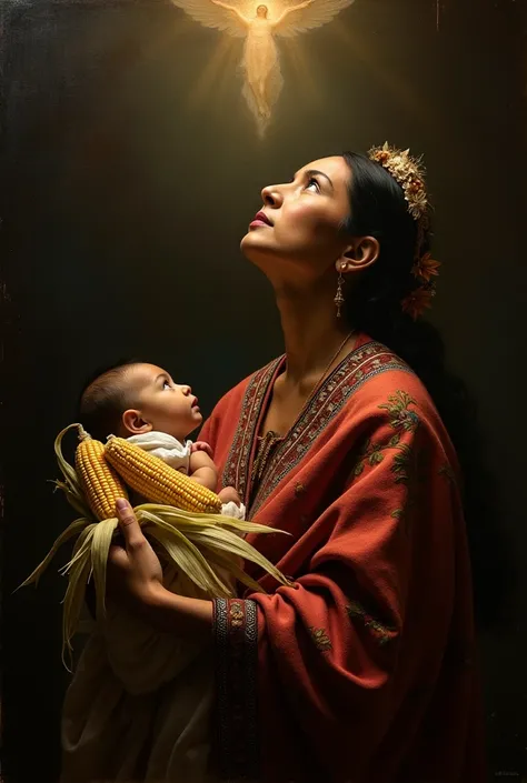 masterpiece, realist, high contrast, Abraham Bloemaert painting style, indigenous mexican woman,light, with Mexican embroidered shawl, breastfeeding her baby, and held a corn cob, shocking look, thanking heaven, great handling of light and dark, warm light...