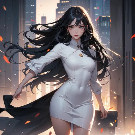 a beautiful woman with long black hair, wearing a tight white dress, standing holding a pistol, aiming the barrel at the bad guys, on a tall building, the sun is setting, close up.