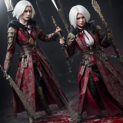 Create a woman with white hair and a kusarigama in her hands with a coat covered in blood.