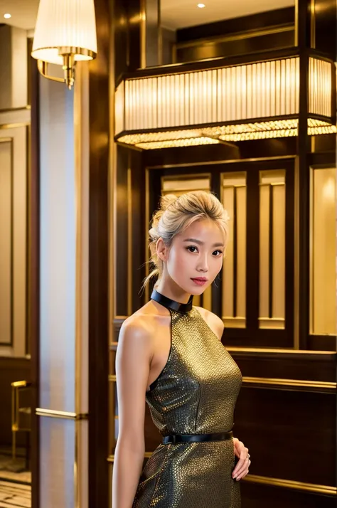 pretty eurasian woman, slim face, high cheekbones, cocktail dress  , blonde hair in chignon, in foyer of expensive hotel