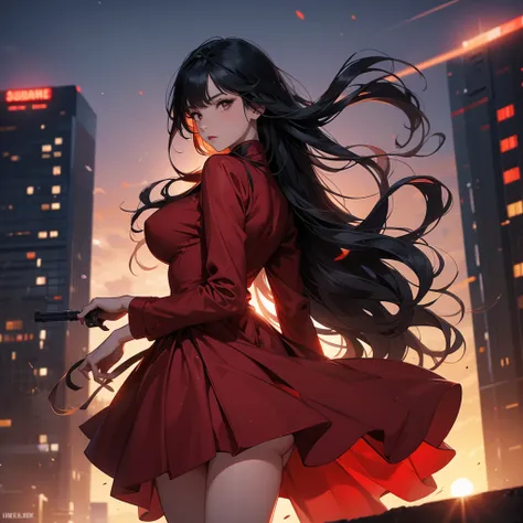 a beautiful woman with long black hair, wearing a tight red dress, standing holding a pistol, aiming the barrel at the bad guys, on a tall building, the sun is setting, close up.