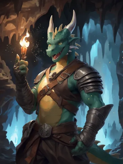 solo, male, adventurer, (male anthro dragon:1.3), (green body:1.1), yellow belly, (standing:1.3), (kemono:1.2), (cave:1.23), (leather armor), (excited:1.3), open mouth,  ,detailed eyes, dragon tail, horn, (bust portrait), (detailed eyes), (indoors:1.35), c...