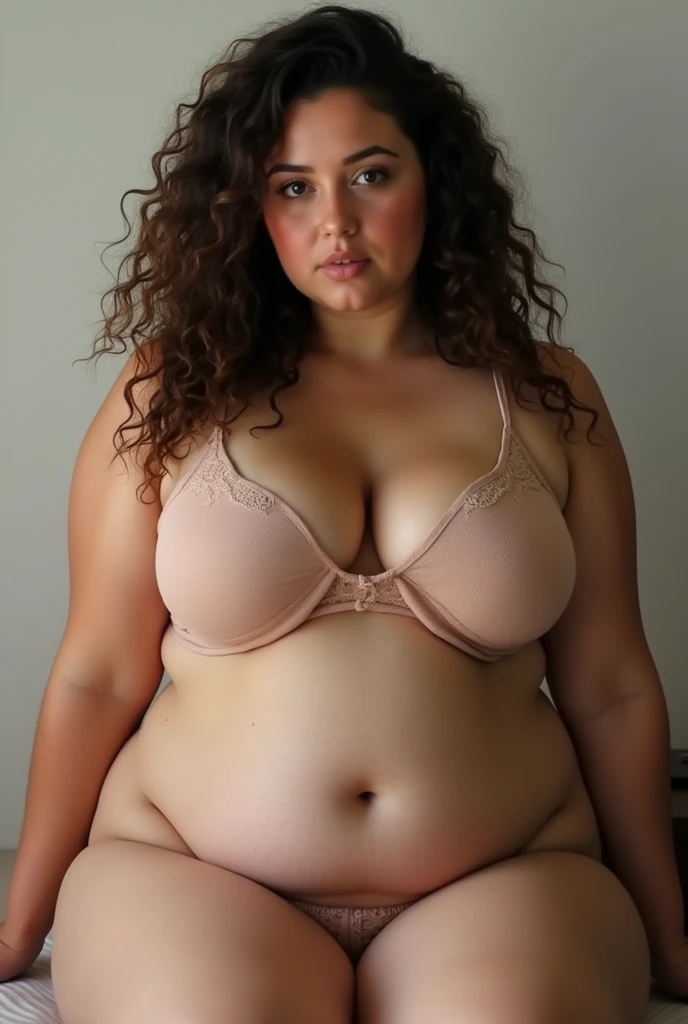 A brunette girl with curly hair and big breasts sits with her legs stretched out, taking a realistic photo