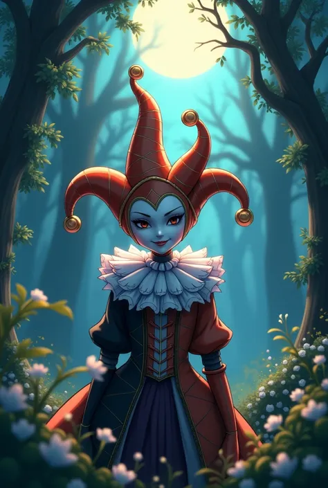 A happy Jester with a white and orange mask, black and white medieval style costume, in a forest in The night, anime