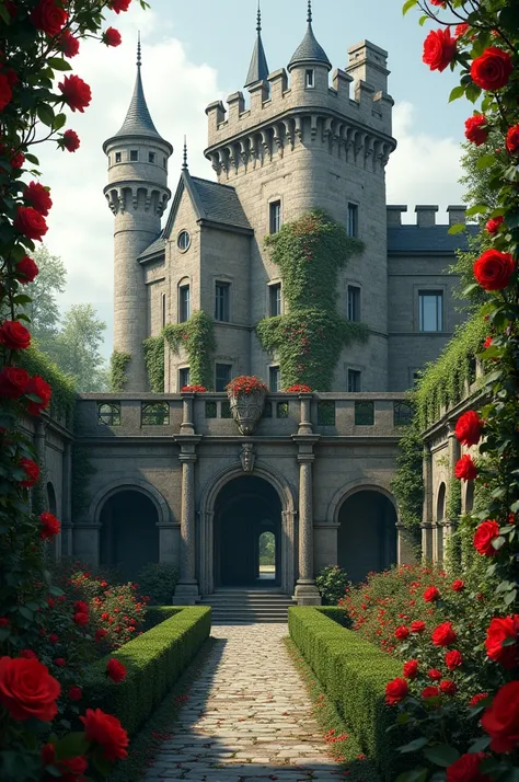 A beautiful old castle with garden and red roses around it. The surrounding is a bit dim