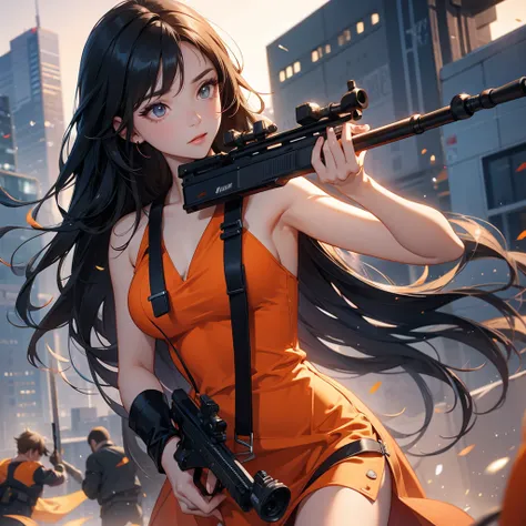 a beautiful woman with long black hair, wearing a tight orange dress, standing holding a rifle, aiming the barrel at the bad guys, on a tall building, the sun is setting, close up.