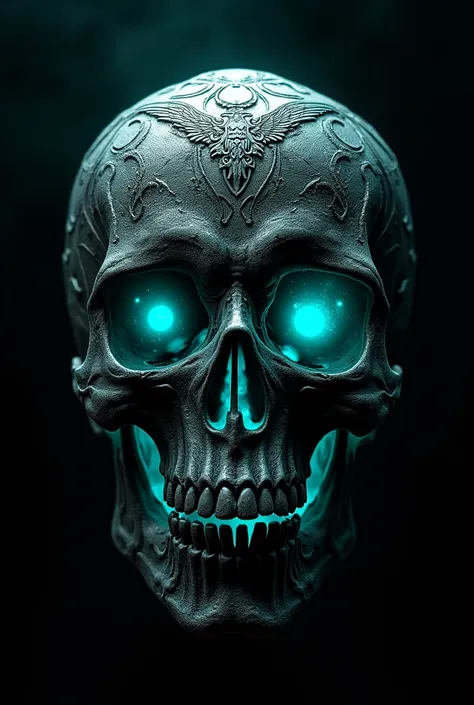 Create a black skull with turquoise blue lights and Greek sculpture type tattoos and a black background
