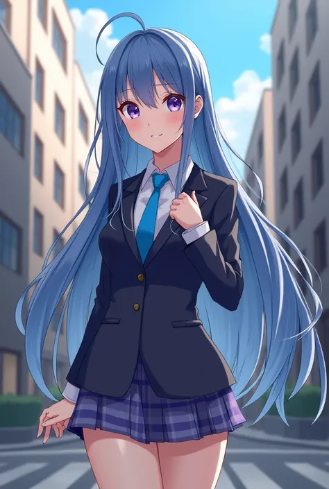 Anime girl standing on the city street with long hair and blue eyes, trends on artstation pixiv, purples eyes, blue necktie, comely (detailedeyes, face detailed,) ahegao, euladef, Noble temperament, high-heels, no d mark&#39;water