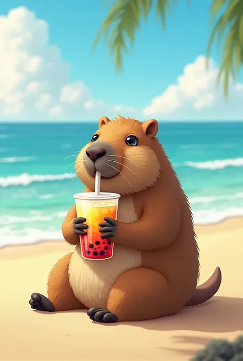 Capybara drinking bubble tea on the beach, sunny day