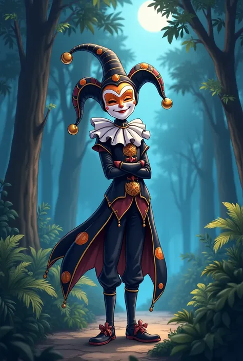 A happy Jester with a white and orange mask, black and white medieval style costume, in a forest in The night, anime