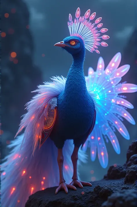 Close-up of a legendary peacock with colorful feathers, Galactic Eye, shiny fur, detailed plumage, Finely large eyes.. , Look at the audience with critical eyes.., focus, night alien landscape background. BREAK,detailed,realist,Arte digital 4k muy detailed...