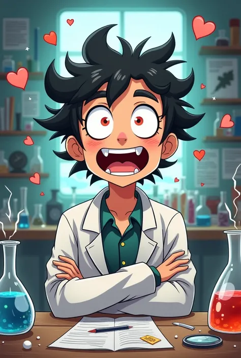 

Imagine an anime scientist with messy hair and big glasses. He is wearing a white coat, with flasks and scientific equipment around him. Your eyes are big and expressive, full of hearts instead of pupils, demonstrating an intense passion. He has a lively...