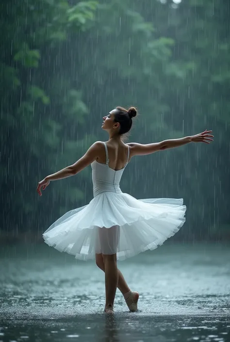 A woman dancing ballet in white clothes in the middle of the water under the rain 